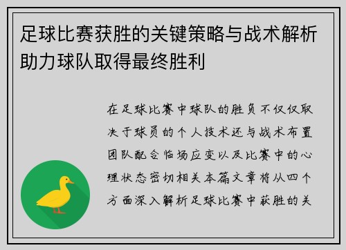 足球比赛获胜的关键策略与战术解析助力球队取得最终胜利